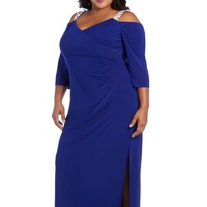 r and m Richard Royal Blue Off-Shoulder Long Sleeve Dress